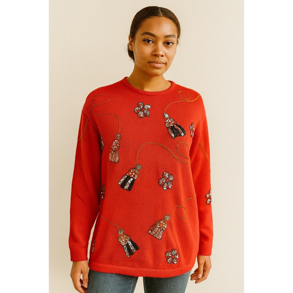 Victoria Harbour Red‎ Beaded Tassel Embellished Knit Sweater Women's Medium